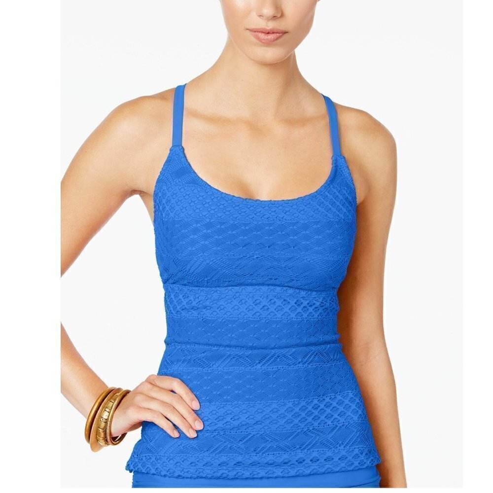 Island Escape Women's Swimsuit Crochet Strappy Tankini Top Blue Size 6 NWT